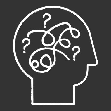 Şaşırmış zihin tebeşiri ikonu. Zihinsel egzersiz. Yaratıcılık, zeka testi. Kritik düşünce. Zeka küpü. Mantıklı sorular. Çözüm bulma porsiyonu. İzole edilmiş vektör karatahta çizimi