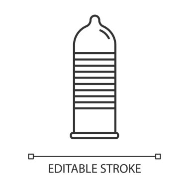 Tırtıklı prezervatif doğrusal simgesi. Kadın, erkek, güvenli seks için doğum kontrol hapı. Koruyucu yöntem. Doğum kontrol hapı. İnce çizgili çizim. Contour sembolü. Vektör izole çizim. Düzenlenebilir vuruş