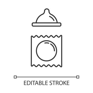 Doğum kontrol hapı ikonu. Güvenli seks için kadın vajinal prezervatif. Hamilelik önleme yöntemi. Doğum kontrol hapı. İnce çizgili çizim. Contour sembolü. Vektör izole çizim. Düzenlenebilir vuruş