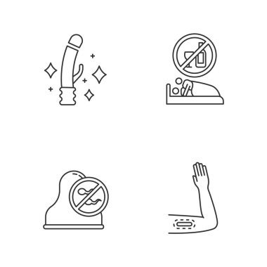 Güvenli seks lineer simgeleri ayarlandı. Seks oyuncakları. Ayık ilişki. Servikal kapak. Bariyer önleyici. Doğum kontrol implantı. İnce çizgi çizgili semboller. İzole vektör çizimi çizimleri. Düzenlenebilir vuruş