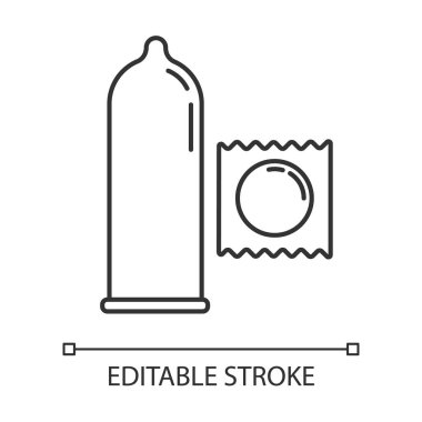 Prezervatifler doğrusal simge. Doğum kontrol hapı ve sperm öldürücü. Güvenli seks. Korunan cinsel ilişki. Hamileliği önleme. İnce çizgili çizim. Contour sembolü. Vektör izole çizim. Düzenlenebilir vuruş