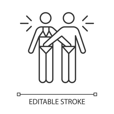 Karşılıklı mastürbasyon lineer ikonu. Çift cinsel keskinlik. Erkek ve kadın. Partnerle erotik bir oyun. Güvenli seks. İnce çizgili çizim. Contour sembolü. Vektör izole çizim. Düzenlenebilir vuruş