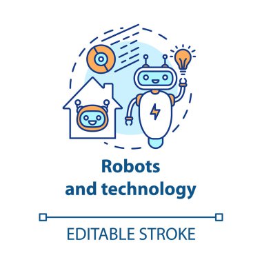 Robotlar ve teknoloji konsepti ikonu. Akıllı ev yönetimi fikri ince çizgi çizimi. Daire için yenilikler. Yapay zeka. Vektör izole çizim. Düzenlenebilir vuruş