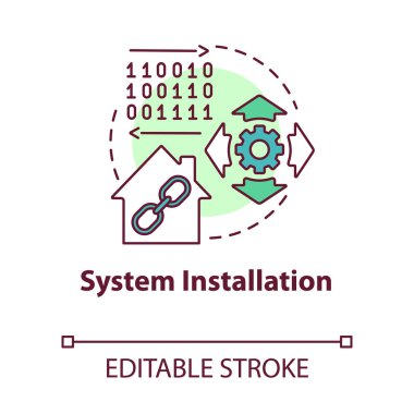 Sistem kurulum konsepti simgesi. Akıllı ev kurma süreci ince çizgi çizimi fikri. Daire için yenilikçi teknolojiyi tanıtıyorum. Vektör izole çizim. Düzenlenebilir vuruş