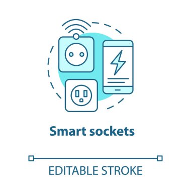 Akıllı soketler turkuaz konsept simgesi. Modern ev fikri ince çizgi çizimi. Daire için yenilikçi bir teknoloji. Elektriğin dijital kontrolü. Vektör izole çizim. Düzenlenebilir vuruş