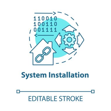Sistem kurulum turkuaz konsept simgesi. Akıllı ev kurma süreci ince çizgi çizimi fikri. Daire için yenilikçi teknolojiyi tanıtıyorum. Vektör izole çizim. Düzenlenebilir vuruş