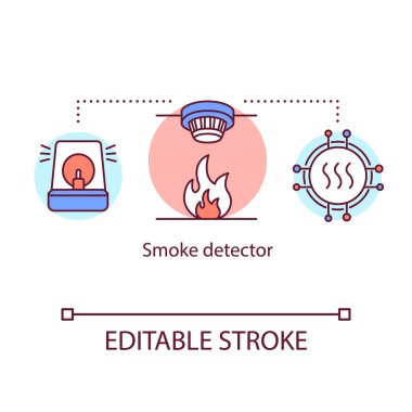 Duman dedektörü konsepti ikonu. Elektronik yangın güvenlik sistemi. Duman sensörü. Acil durum alarmı. Ev güvenliği cihazı fikri ince çizgi çizimi. Vektör izole çizim. Düzenlenebilir vuruş