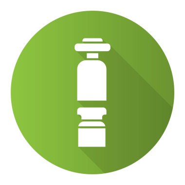 Şarap koruyucusu ve mantar yeşili düz tasarım uzun gölge sembollü şişe. Barmen ekipmanları. Sommelier aleti. Alkol içeceği. Aperatif içecek. Vektör silueti çizimi