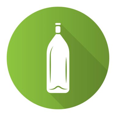 Şarap servisi yeşil düz tasarım uzun gölge sembolü. Şampanya, parti, tatil, meşrubat. Bar, mantarlı restoran şişesi. Aperatif, şaraphane. Vektör silueti çizimi