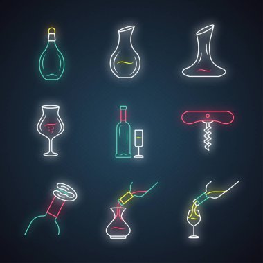 Şarap servisi neon simgeleri vektör illüstrasyonu 