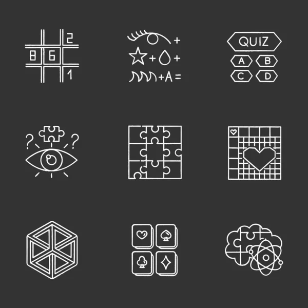 Puzzles Acertijos Conjunto Iconos Tiza Sudoku Prueba Trivia Nonograma Ilusión — Vector de stock