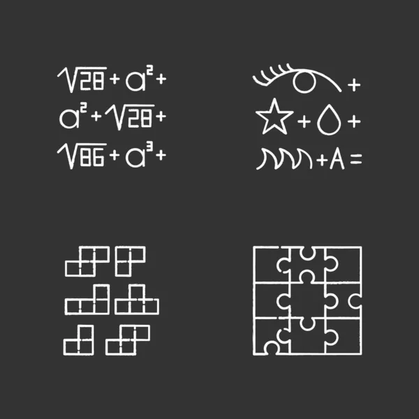 Rätsel Und Rätsel Kreide Symbole Gesetzt Rebus Blockpuzzle Fliesenanpassung Puzzle — Stockvektor