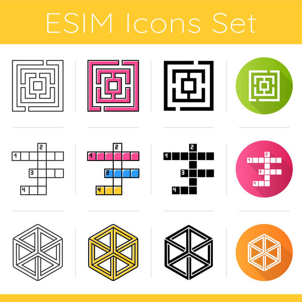 Puzzles and riddles icons set. Maze, labyrinth. Crossword. Optical illusion. Logic games. Mental exercise. Brain teaser. Flat design, linear, black and color styles. Isolated vector illustrations