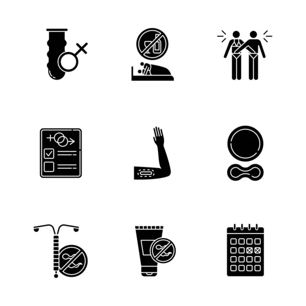 Safe Sex Glyph Icons Set Condom Sober Intercourse Mutual Masturbation — ストックベクタ