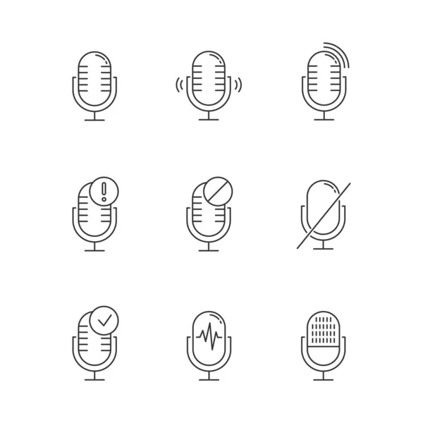 Conjunto Iconos Lineales Del Sistema Control Por Voz Micrófonos Diferentes — Vector de stock