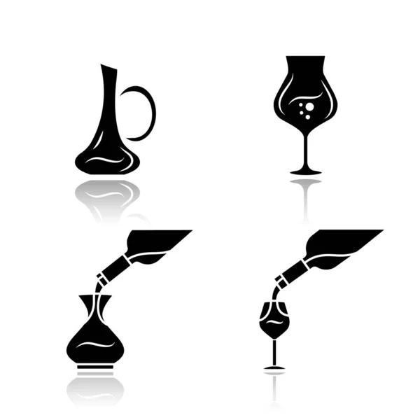 Wein Service Schlagschatten Schwarze Glyphen Symbole Gesetzt Alkoholgetränk Glas Weingläser — Stockvektor