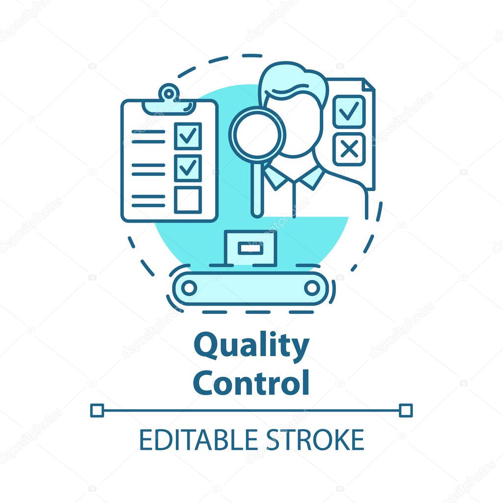 Quality control concept icon. Characteristics monitoring. Check product. Conformity inspection of production processes idea thin line illustration. Vector isolated outline drawing. Editable stroke