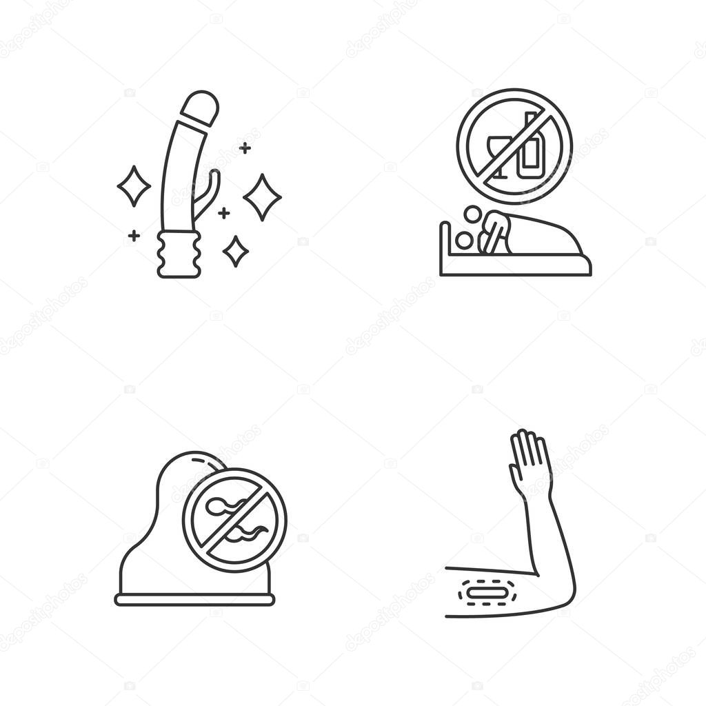 Safe sex linear icons set. Sex toys. Sober intercourse. Cervical cap. Barrier contraceptive. Contraceptive implant. Thin line contour symbols. Isolated vector outline illustrations. Editable stroke