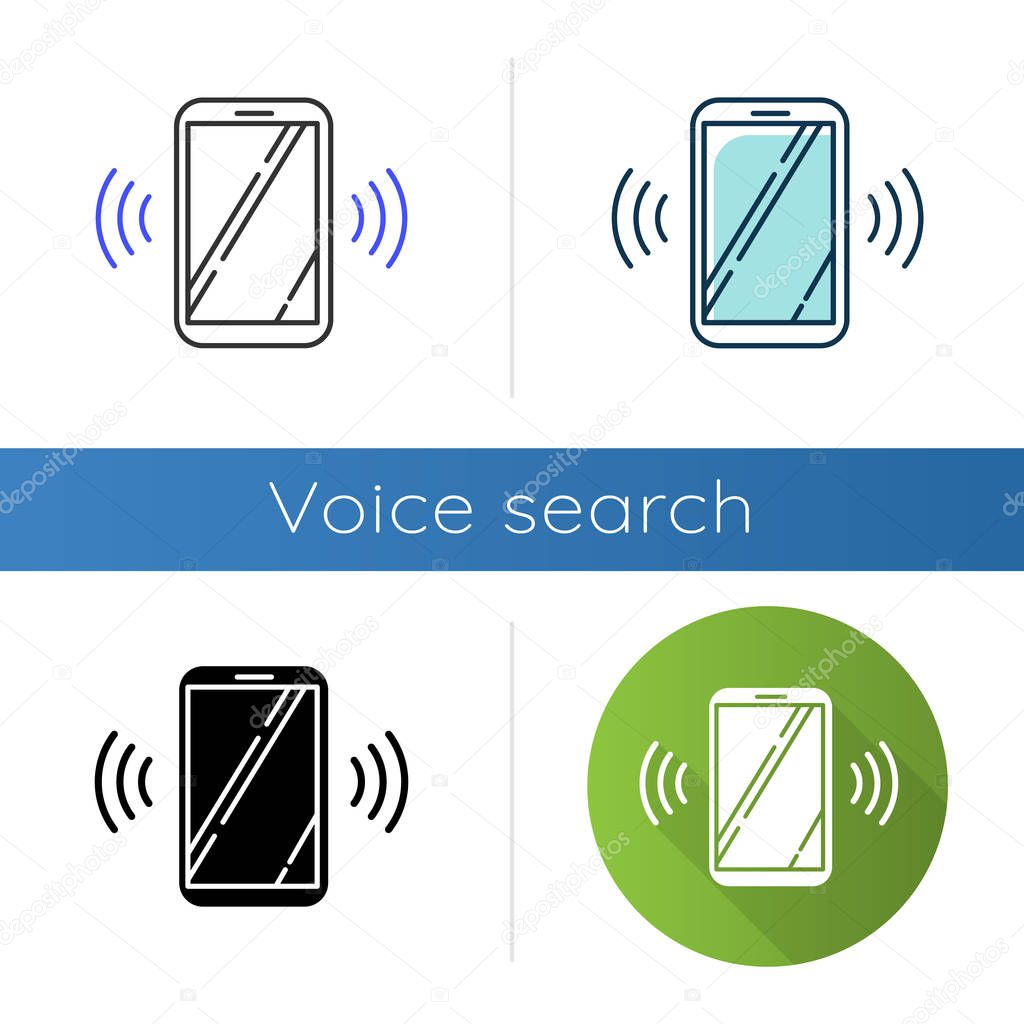Ringing smartphone icons set. Mobile voice control idea. Sound command. Loud volume, audio frequency. Phone call, vibro signal. Linear, black and color styles. Isolated vector illustrations