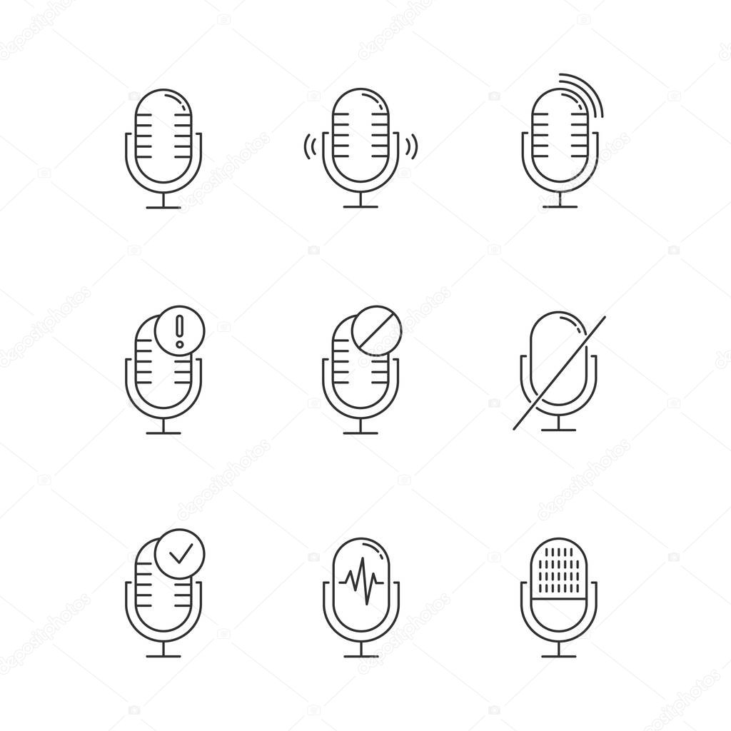 Voice control system linear icons set. Different microphones. Music recognition, sound record. Virtual asisstance. Thin line contour symbols. Isolated vector outline illustrations. Editable stroke