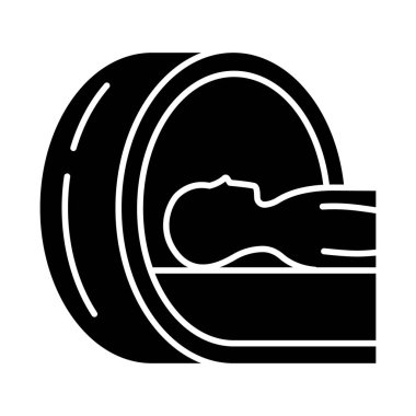 Tomografi sembolü. Beyin taraması. Kanser tümörü kontrolü. Hastalık teşhisi. Hastalık muayenesi. Tıbbi prosedür. Sağlık değerlendirmesi. Siluet sembolü. Boşluk yok. Vektör izole illüstrasyonu