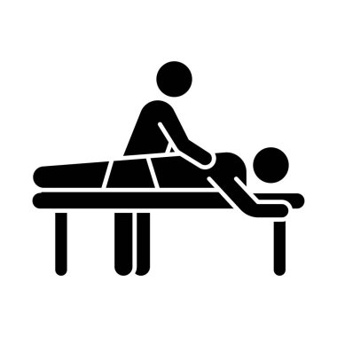 Masaj sembolü simgesi. Spa merkezi servisi. Tıbbi prosedür. Sırt ağrısı giderici. Sağlık hizmetleri. Fiziksel tedavi. Yara iyileşiyor. Siluet sembolü. Boşluk yok. Vektör izole illüstrasyonu
