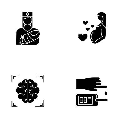 Medical procedure glyph icons set. Pediatrics and pregnancy care. Brain scan. Blood test. Healthcare. Motherhood. Nurse with baby. Neuroimaging, MRI. Silhouette symbols. Vector isolated illustration clipart