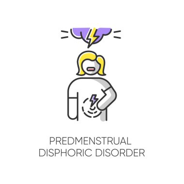 Adet öncesi disforik bozukluk renk ikonu. Adet sancısı. Acı çeken bir kadın. Fiziksel gerilim. PMs. Regl öncesi sağlık hizmeti. Duygusal bir kız. Keyifsiz. Zihinsel bir sorun. İzole vektör illüstrasyonu