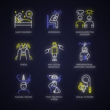 Mental disorder neon light icons set. Depression. Season affective disorder. Stress, PTSD. Antisocial behaviour. Predmenstrual dysphoria. Suicidal feeling. Glowing signs. Vector isolated illustrations clipart