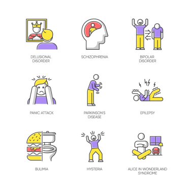 Zihinsel bozukluk renk simgeleri ayarlandı. Sanrı ve şizofreni. Bipolar bozukluk. Panik atak. Parkinson hastalığı. Epilepsi. Bulimia. Histeri. Alice Harikalar Diyarı sendromunda. İzole vektör çizimleri