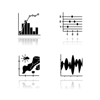 Çizelge ve grafik siyah simge simgeleri ayarlandı. Sıcaklık haritası. Nokta ve şekil çizelgesi. Grafikle histogram ve doğrusal elementlerin karışımı. Titreşim eğrisi. İzole vektör çizimleri