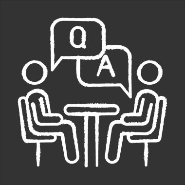 Kişisel röportaj anketi tebeşir ikonu. Sorular ve cevaplar anketi. Sosyal araştırma. Tüketici, müşteri memnuniyeti. Geri bildirim. Değerlendirme. Veri toplama. İzole edilmiş vektör karatahta çizimi