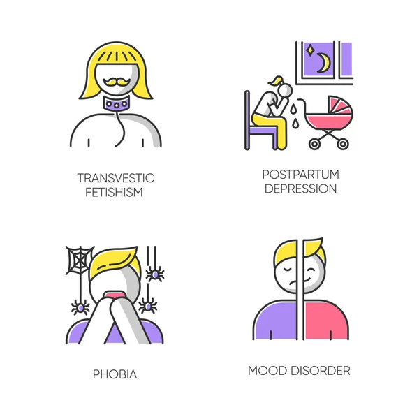 Mental Disorder Color Icons Set Transvestic Fetishism Postpartum Depression Phobia — Stock Vector