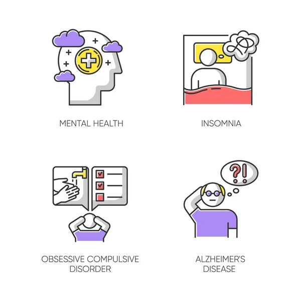 Mental Disorder Color Icons Set Insomnia Sleep Deprivation Obsessive Compulsive — Stock Vector