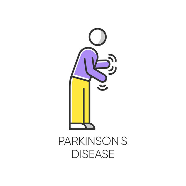 Parkinson's disease color icon. Movement and walking difficulty. Shaking and rigidity. Parkinsonism. Parkinsonian syndrome. Mental health issue. Psychiatry, neurology. Isolated vector illustration