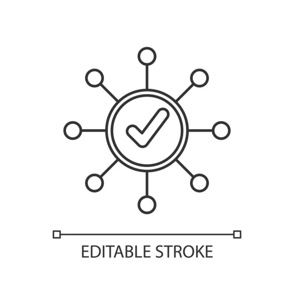 マーク線形アイコンを調査します 正解だマークを承認 チェックに同意します 図表が広がりました 分子構造系 細い線のイラスト 輪郭のシンボル ベクトル絶縁外形図面 編集可能なストローク — ストックベクタ