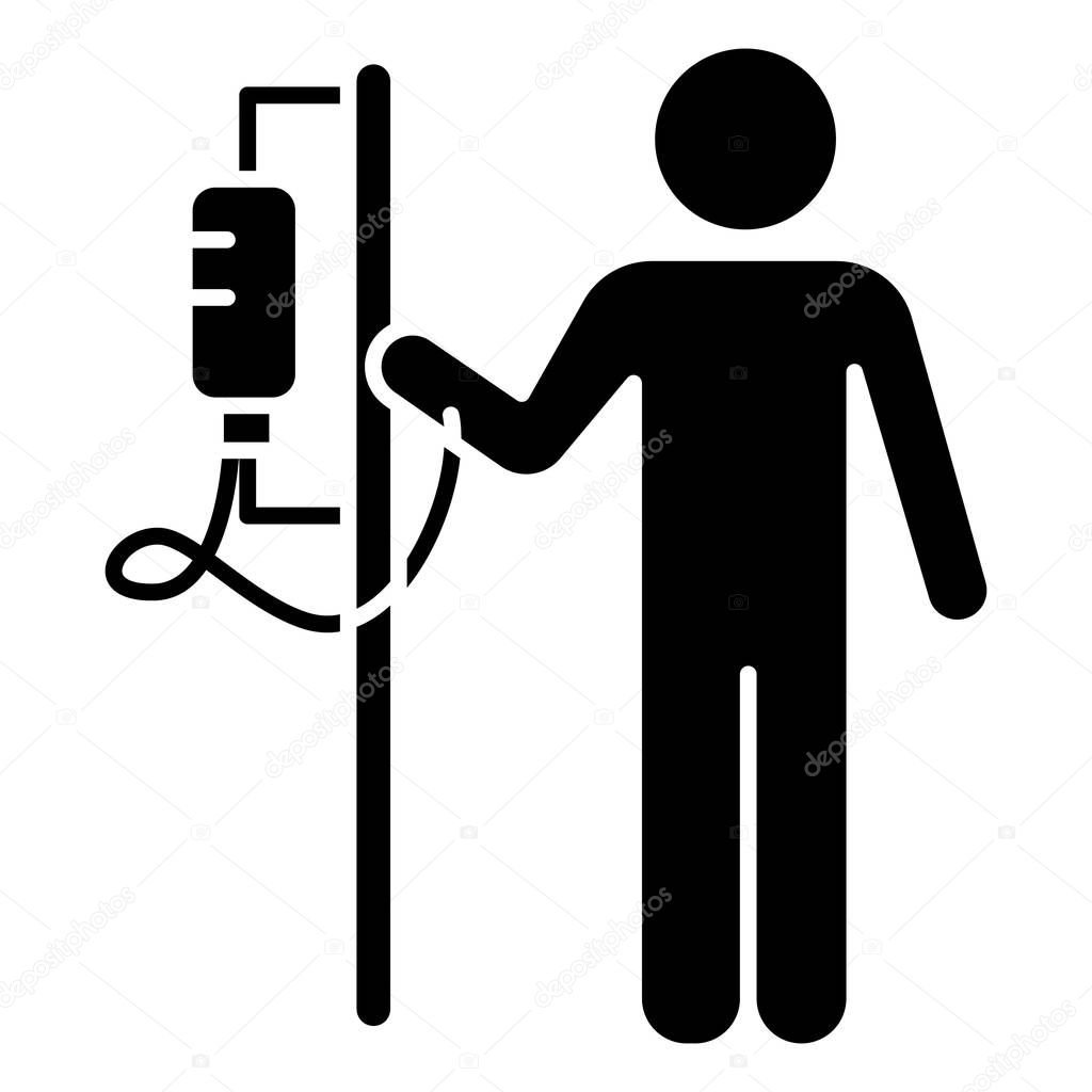 Dropper glyph icon. Medical procedure. Healthcare services. Patient with drip. Hospitalization. Infusion. Postsurgical care. Recovery. Silhouette symbol. Negative space. Vector isolated illustration
