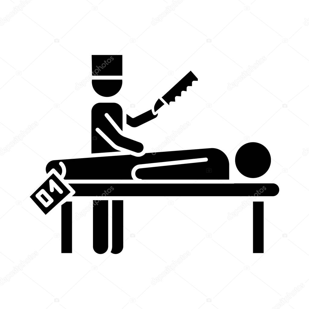 Autopsy glyph icon. Disambiguation. Deceased patient. Corpse with tag. Body in morgue. Death cause. Medical forensic procedure. Silhouette symbol. Negative space. Vector isolated illustration