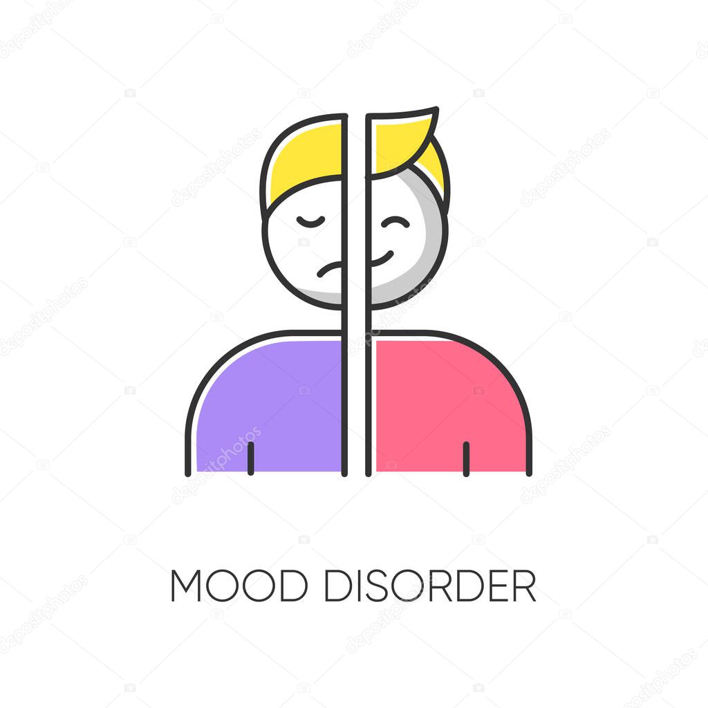 Mood disorder color icon. Manic and depressive episodes. Dysthymia, cyclothymia. Emotional swing. Happy and sad. Psychological problem. Psychiatric issue. Mental health. Isolated vector illustration
