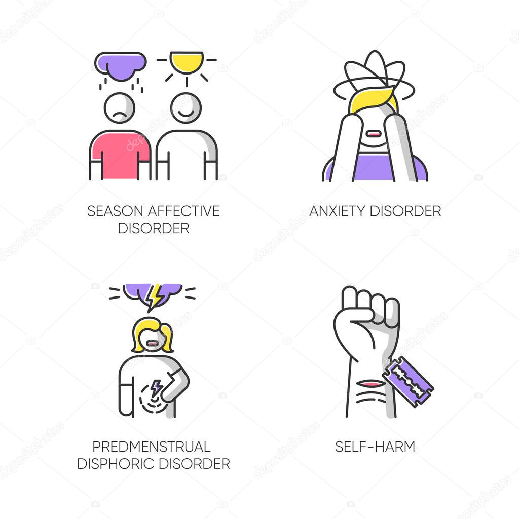 Mental disorder color icons set. Anxiety. Predmenstrual dysphoria. Self-harm. Season affective disorder. Emotional change. Mood swing. Cut vein. Woman in pain. Isolated vector illustrations