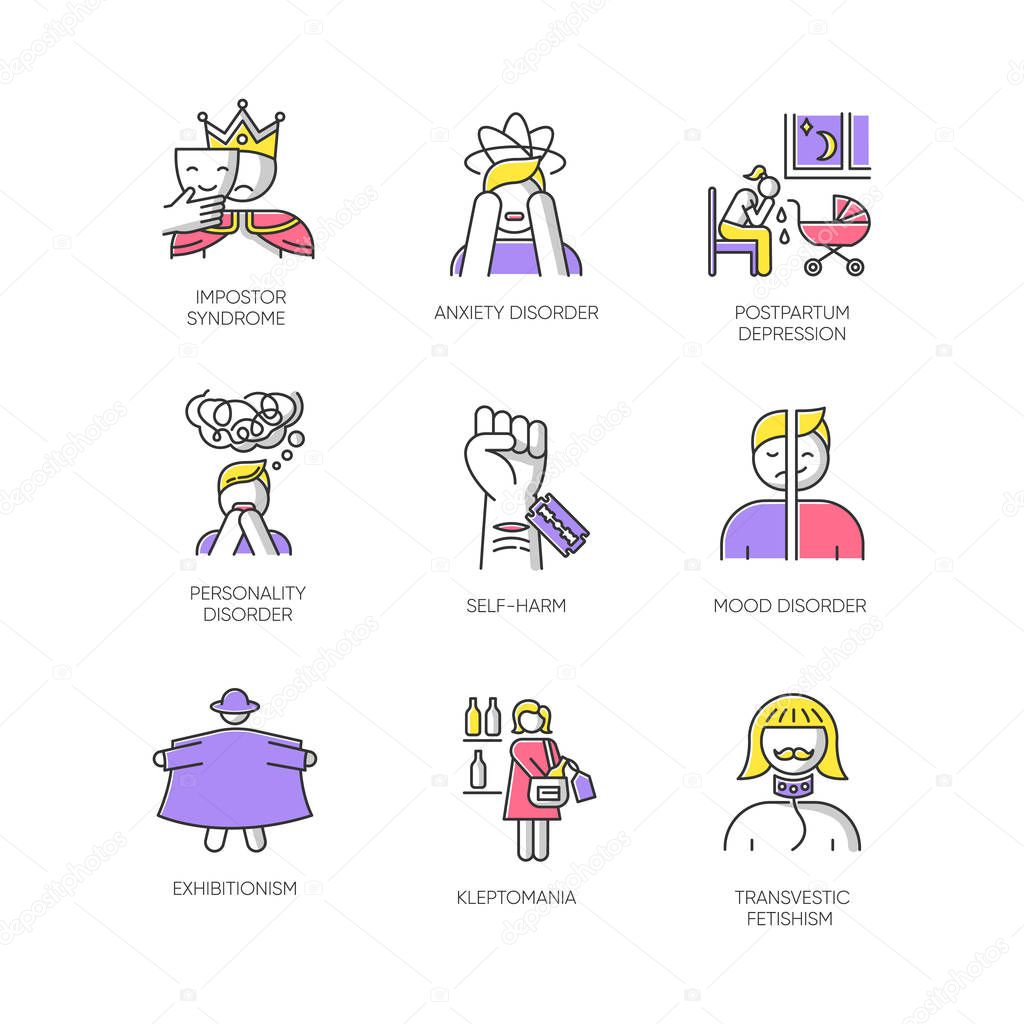 Mental disorder color icons set. Impostor syndrome. Anxiety. Postpartum depression. Personality and mood disorder. Self-harm. Exhibitionism. Kleptomania. Fetishism. Isolated vector illustrations