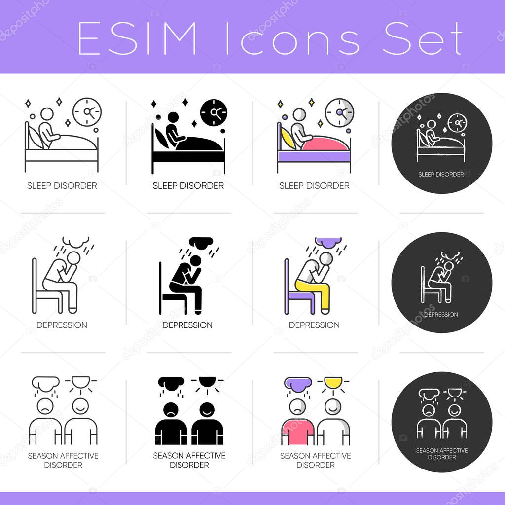 Mental disorder icons set. Sleep deprivation. Insomnia. Depression and anxiety. Seasonal affective disorder. Flat design, linear, black and color styles. Isolated vector illustrations