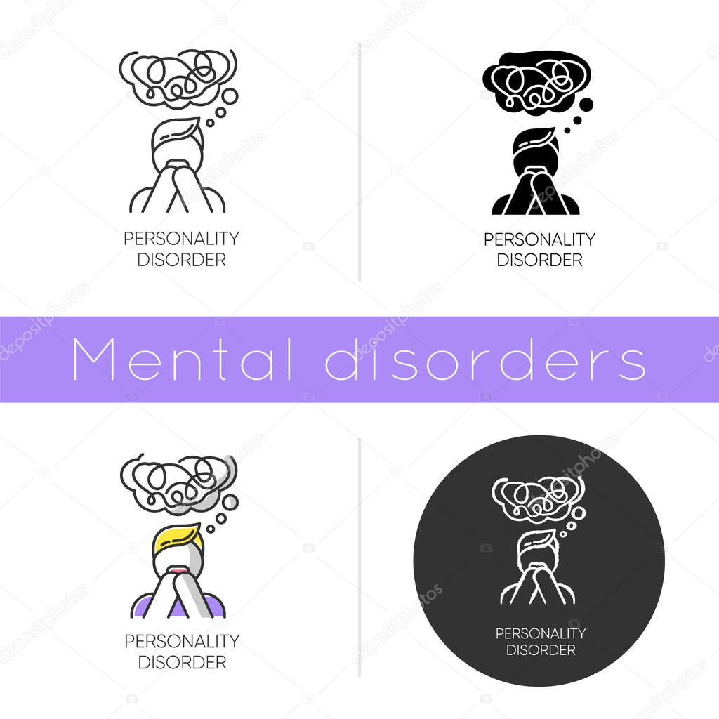 Personality disorder icon. Maladaptive behaviour. Deviation. Mental health issue. Anxiety and distress. Personal disruption. Flat design, linear and color styles. Isolated vector illustrations