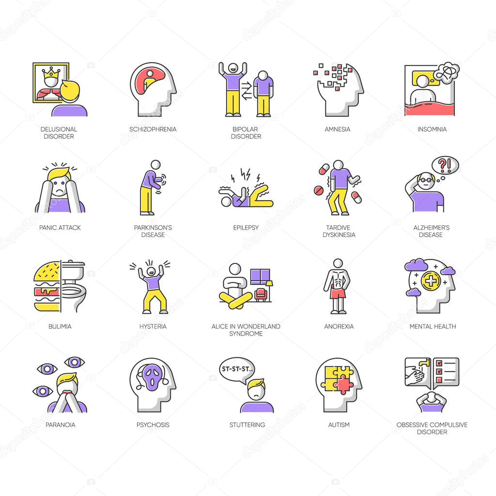 Mental disorder color icons set. Delusions, schizophrenia. Amnesia, insomnia. Bipolar disorder. Bulimia, anorexia. Autism spectrum. Obsessive-compulsive syndrome. Isolated vector illustrations