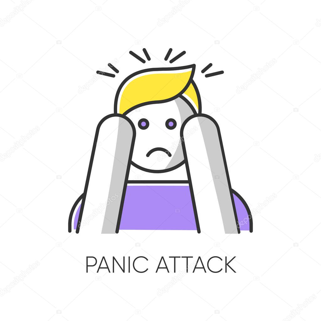 Panic attack color icon. Anxiety and depression. Paranoia and phobia. Migraine from stress. Person afraid and nervous. Mental disorder. Psychological problem. Isolated vector illustration