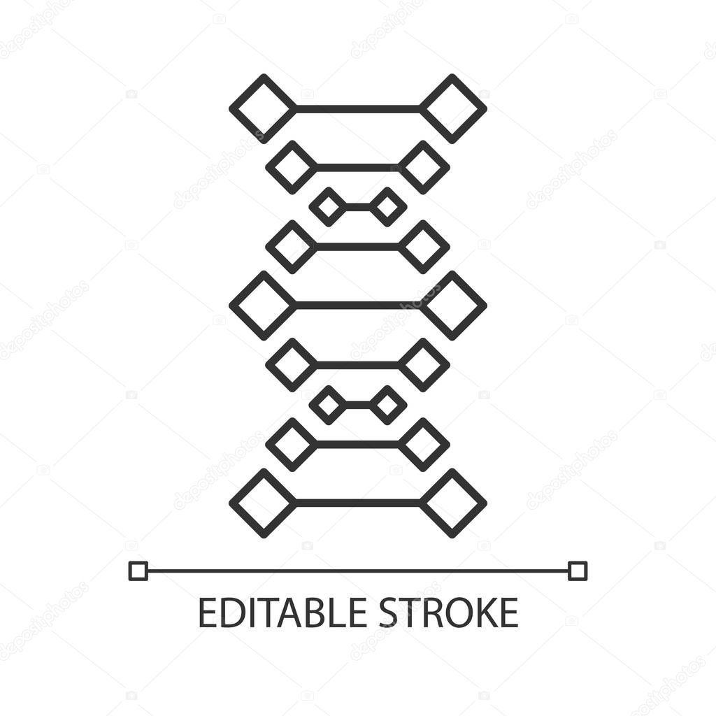 DNA chains linear icon. Deoxyribonucleic, nucleic acid helix. Molecular biology. Genetic code. Genetics. Thin line illustration. Contour symbol. Vector isolated outline drawing. Editable stroke