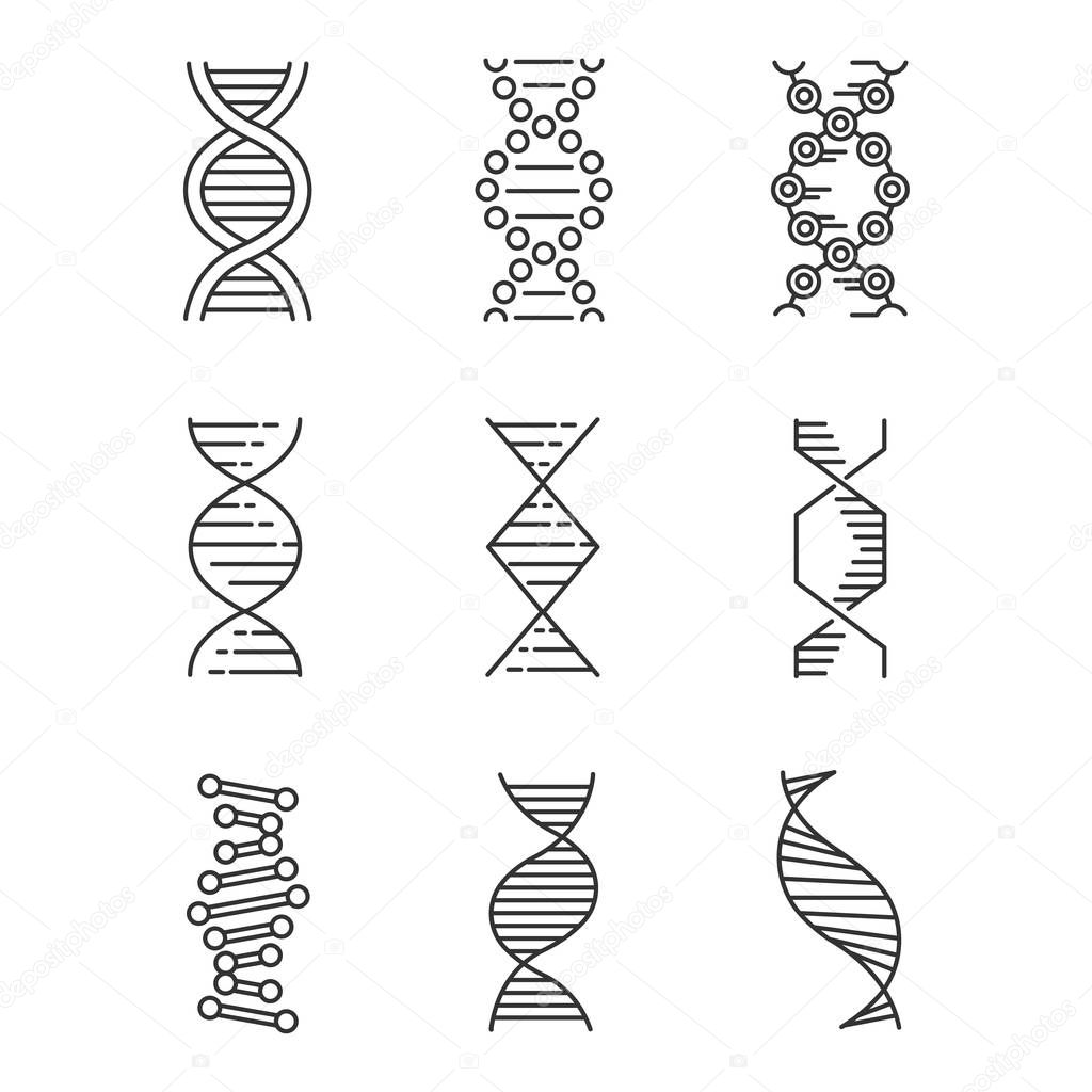 DNA spirals linear icons set. Deoxyribonucleic, nucleic acid helix. Molecular biology. Genetic code. Genetics. Thin line contour symbols. Isolated vector outline illustrations. Editable stroke
