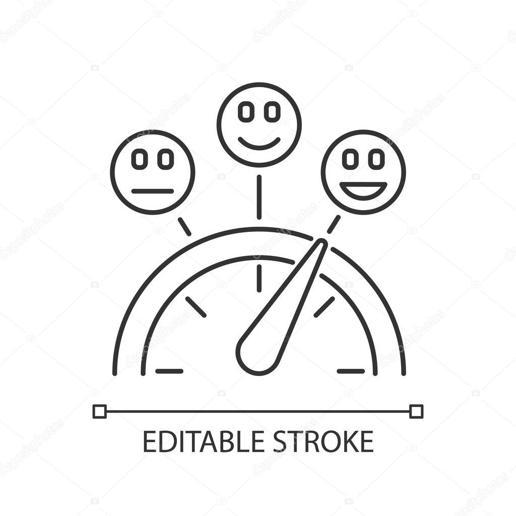 Satisfaction level linear icon. Good, neutral and bad experience. Emotion meter. Scale with emoticons. Thin line illustration. Contour symbol. Vector isolated outline drawing. Editable stroke