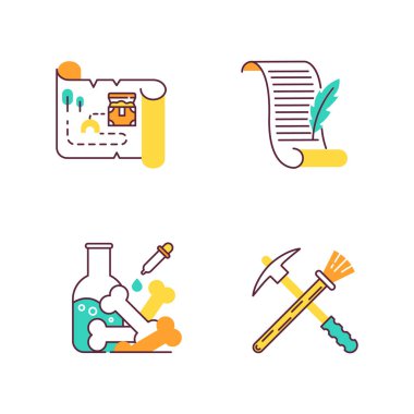 Arkeoloji renk simgeleri ayarlandı. Hazine haritası. Eski el yazmaları. Laboratuvar araştırması. Restorasyon ekipmanları. Tarihsel keşifler. Kazma ve fırça. Şiir, mektup. İzole vektör çizimleri