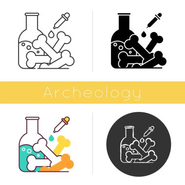 Laboratuvar analiz ikonu. Arkeolojik keşifler. Eski insan ve hayvan kemikleri. Fosilin kimya çalışması. Paleontoloji. Düz tasarım, doğrusal ve renk tarzları. İzole vektör çizimleri